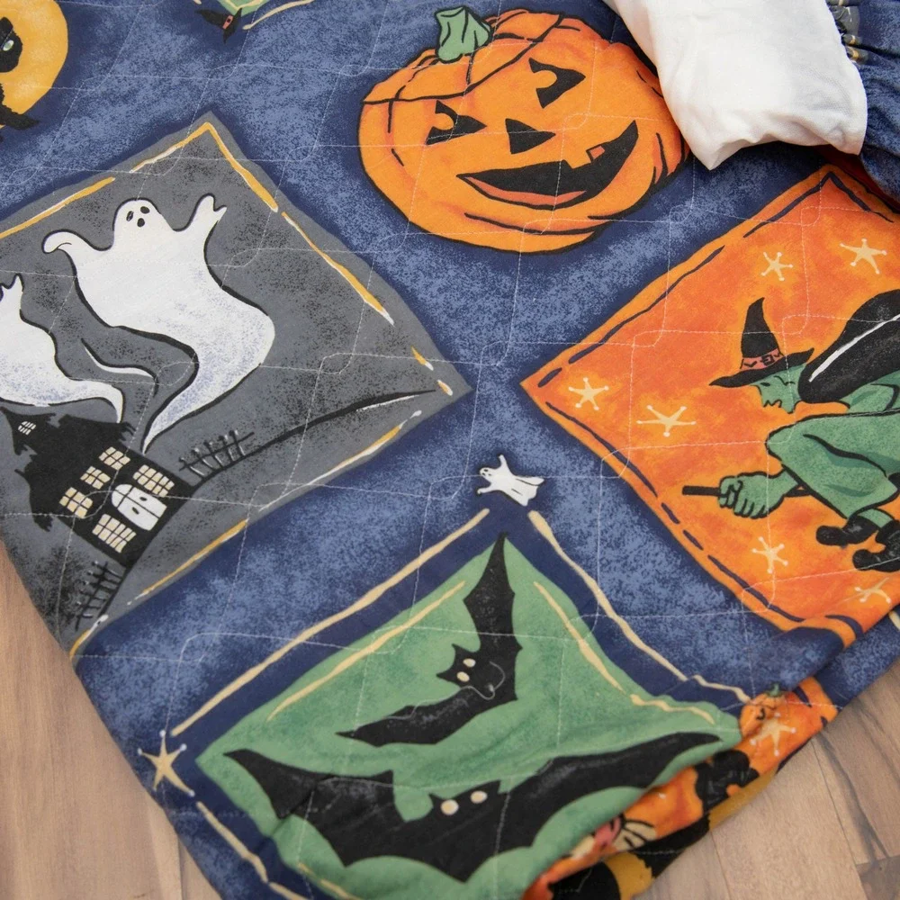 VTG Halloween Quilt & Bed Skirt Queen Bedding Set Festive Spooky Nostalgic Goth